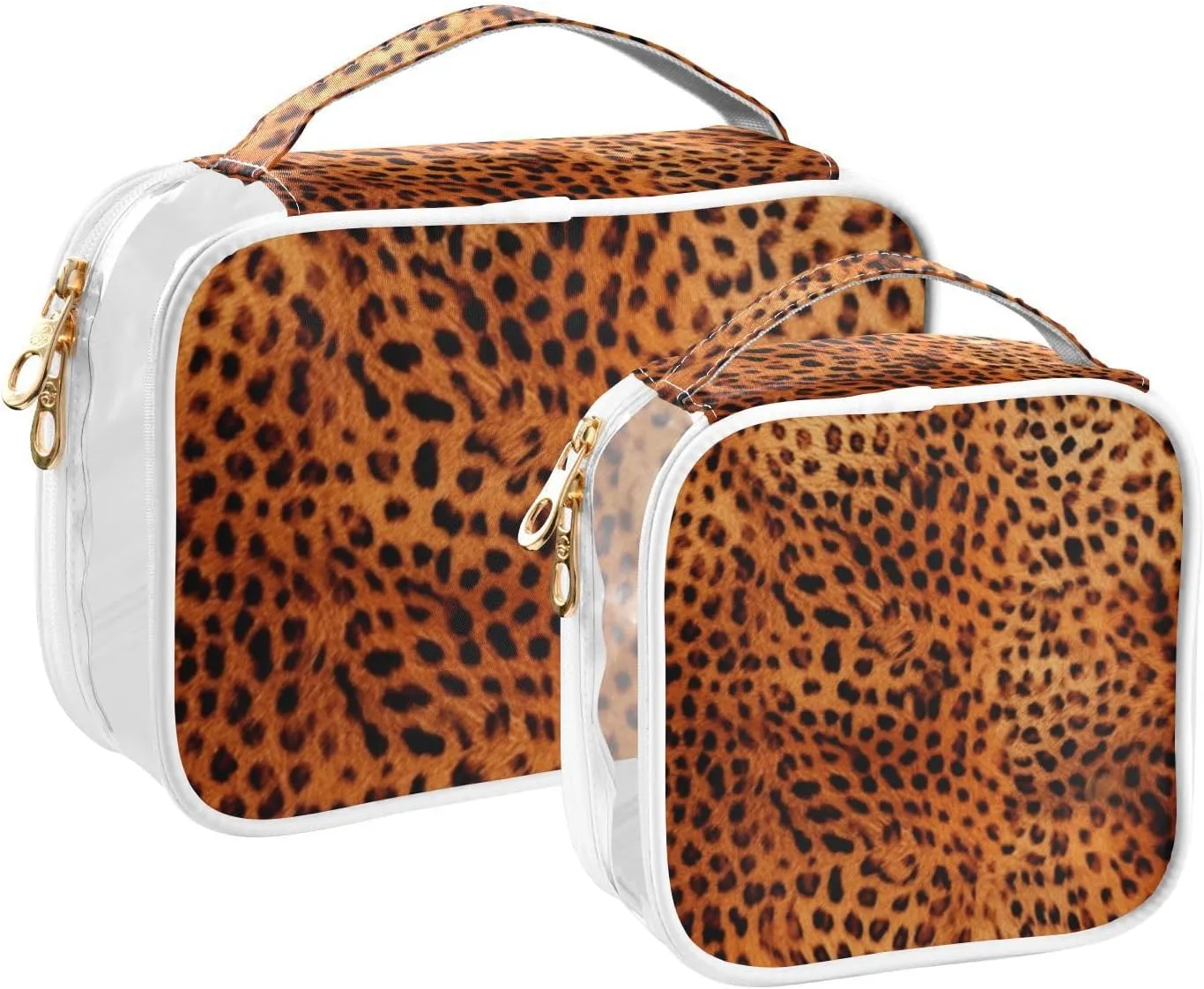 GAIGEO Reddish Brown Leopard Leather Clear Toiletry Bag Set, Clear Quart Size Travel Bag, Cosmetic Travel Accessories, 2 Pack