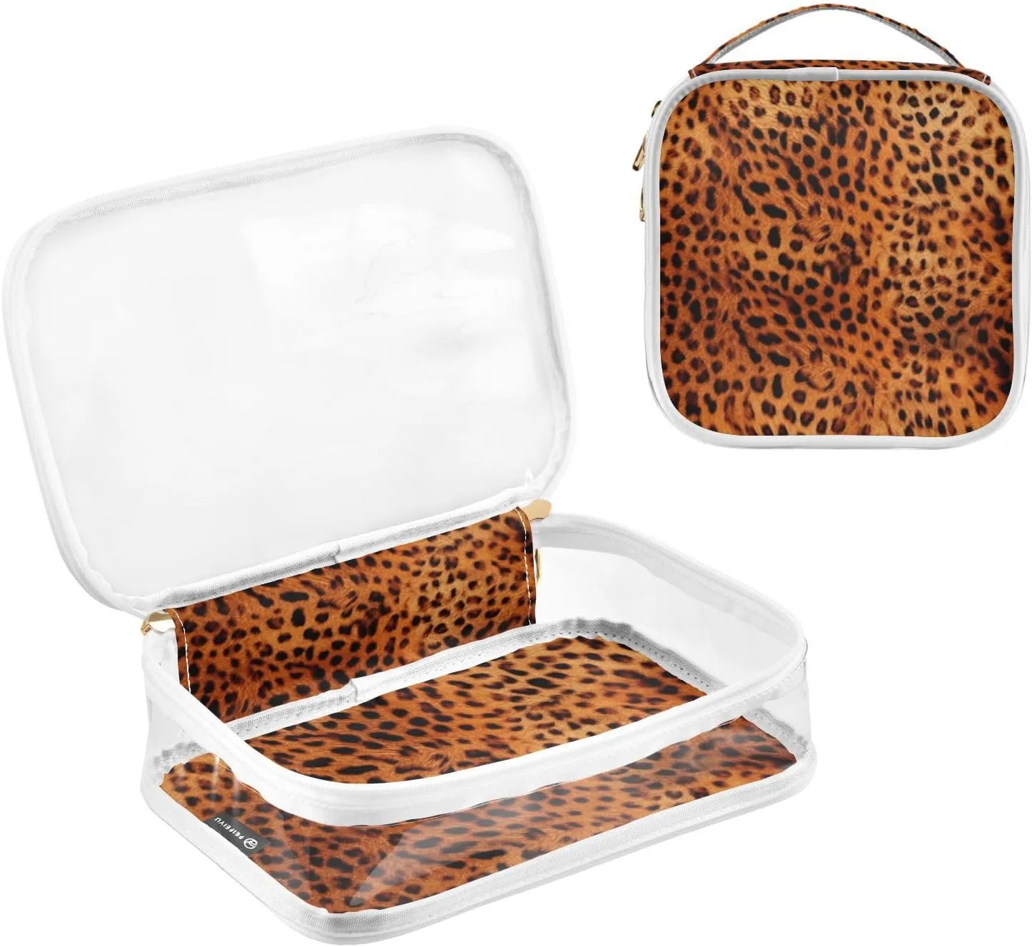 GAIGEO Reddish Brown Leopard Leather Clear Toiletry Bag Set, Clear Quart Size Travel Bag, Cosmetic Travel Accessories, 2 Pack