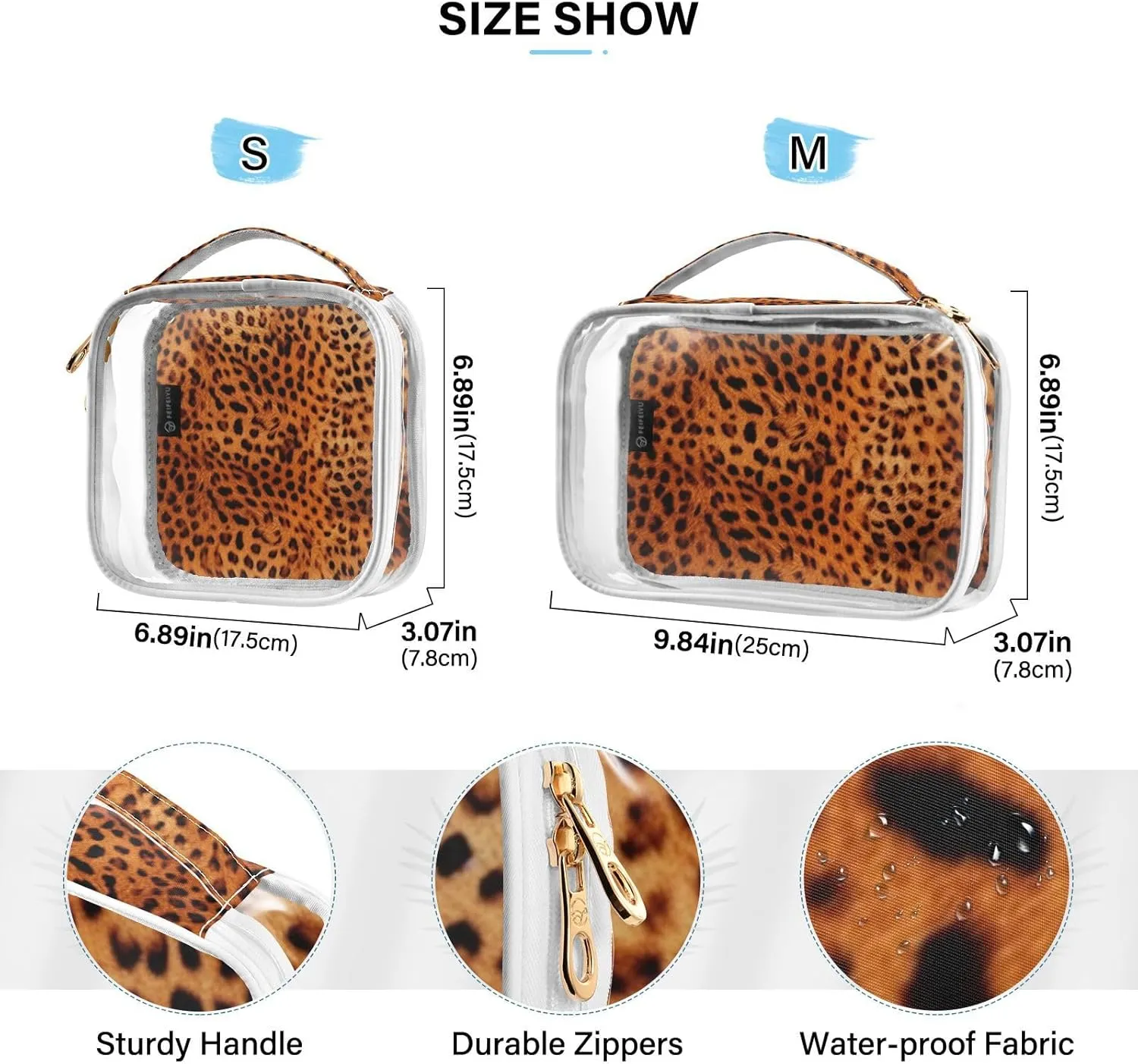 GAIGEO Reddish Brown Leopard Leather Clear Toiletry Bag Set, Clear Quart Size Travel Bag, Cosmetic Travel Accessories, 2 Pack