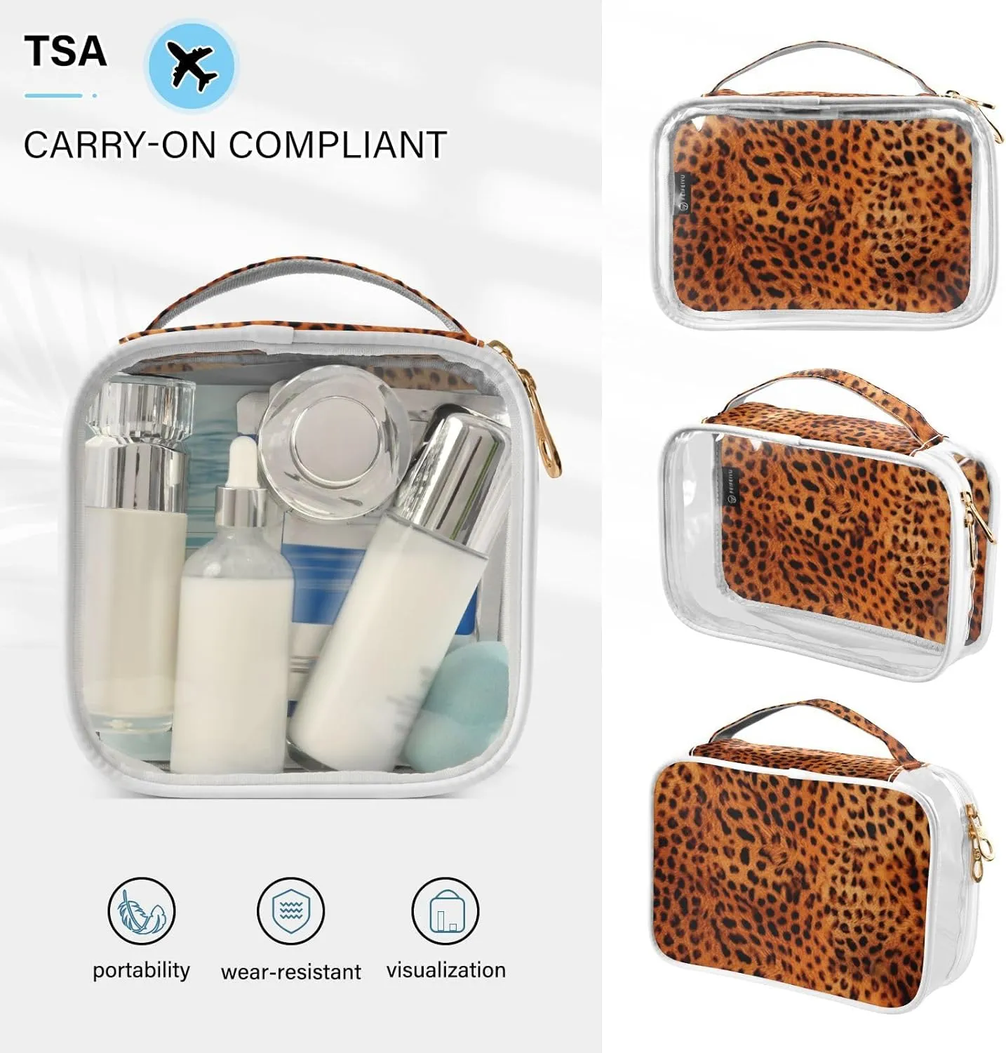 GAIGEO Reddish Brown Leopard Leather Clear Toiletry Bag Set, Clear Quart Size Travel Bag, Cosmetic Travel Accessories, 2 Pack