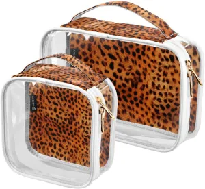 GAIGEO Reddish Brown Leopard Leather Clear Toiletry Bag Set, Clear Quart Size Travel Bag, Cosmetic Travel Accessories, 2 Pack