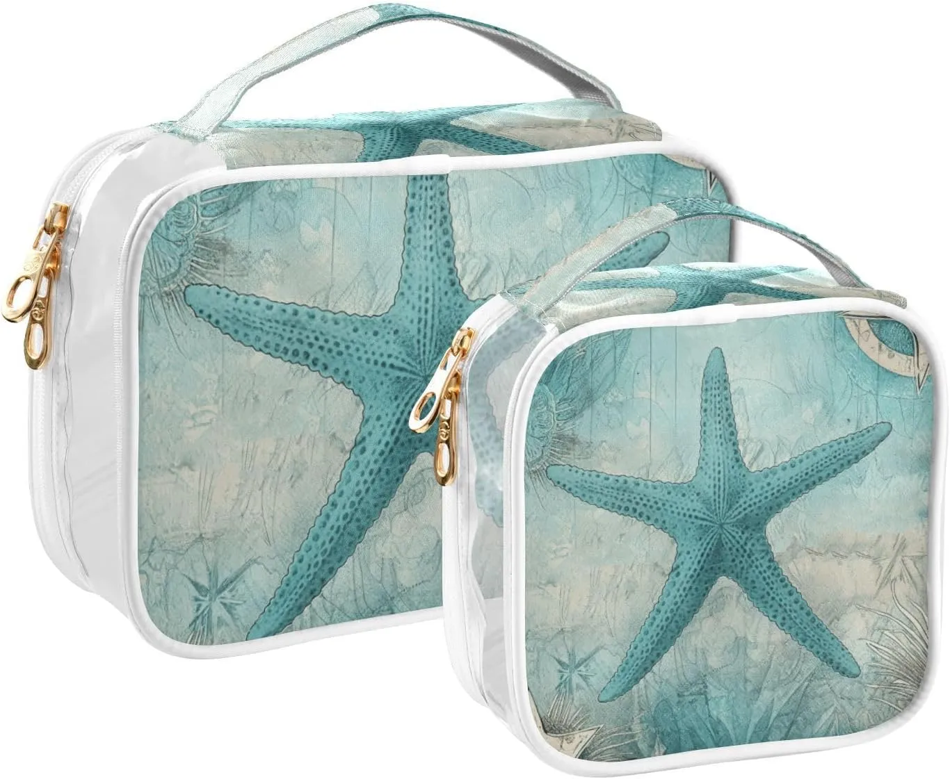 GAIGEO Retro Texture Ocean Starfish Coral Plank Travel Size Toiletry Bag, Storage Bag for Travel, Women's Travel Toiletry Bag, 2 Pack