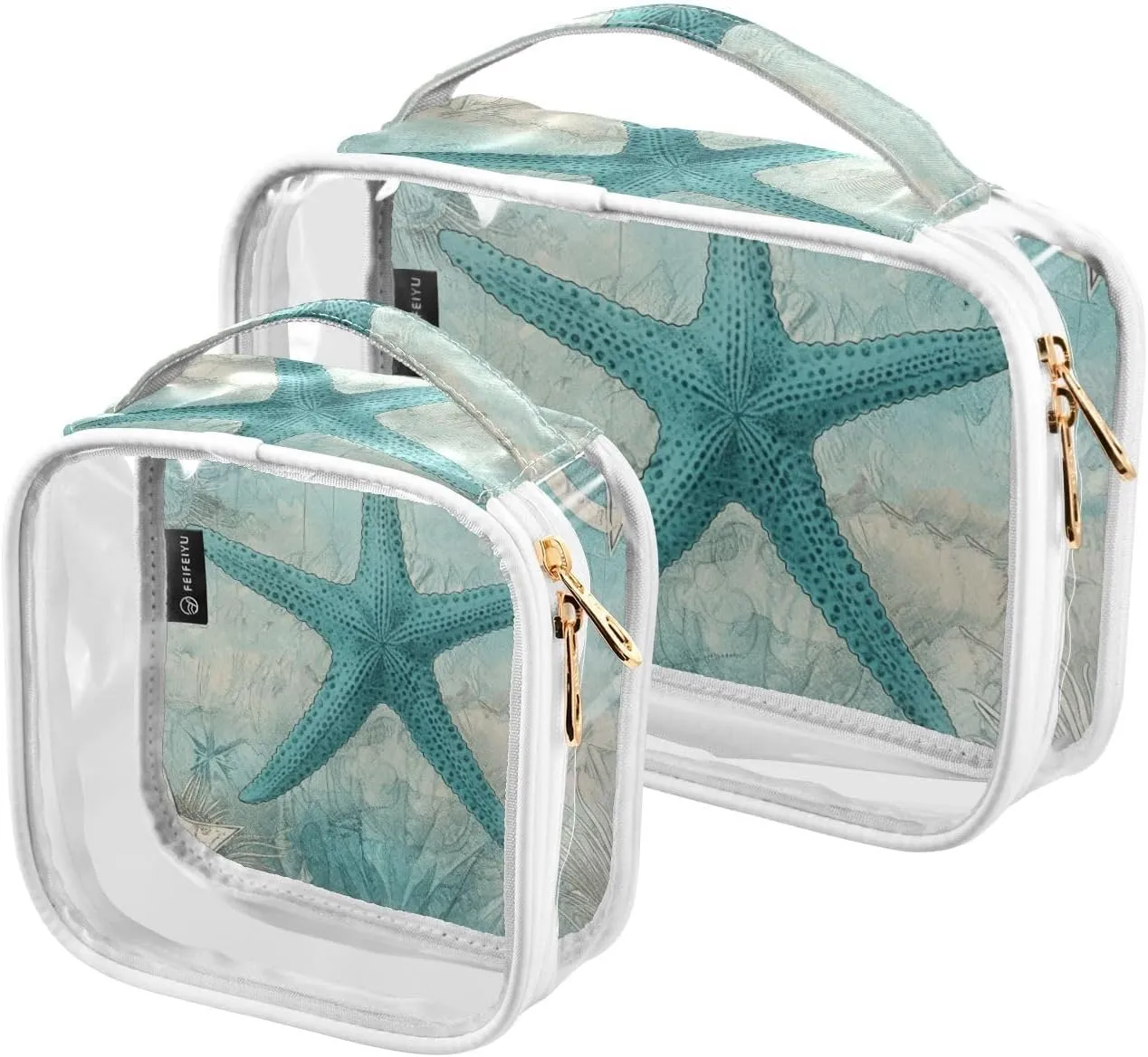 GAIGEO Retro Texture Ocean Starfish Coral Plank Travel Size Toiletry Bag, Storage Bag for Travel, Women's Travel Toiletry Bag, 2 Pack