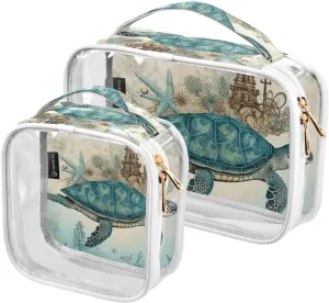 GAIGEO Vintage Texture Marine Turtle Plank 2 Pack Travel Transparent Bag, Clear Toiletry Bag with Handle, Cosmetic Bags for Travel