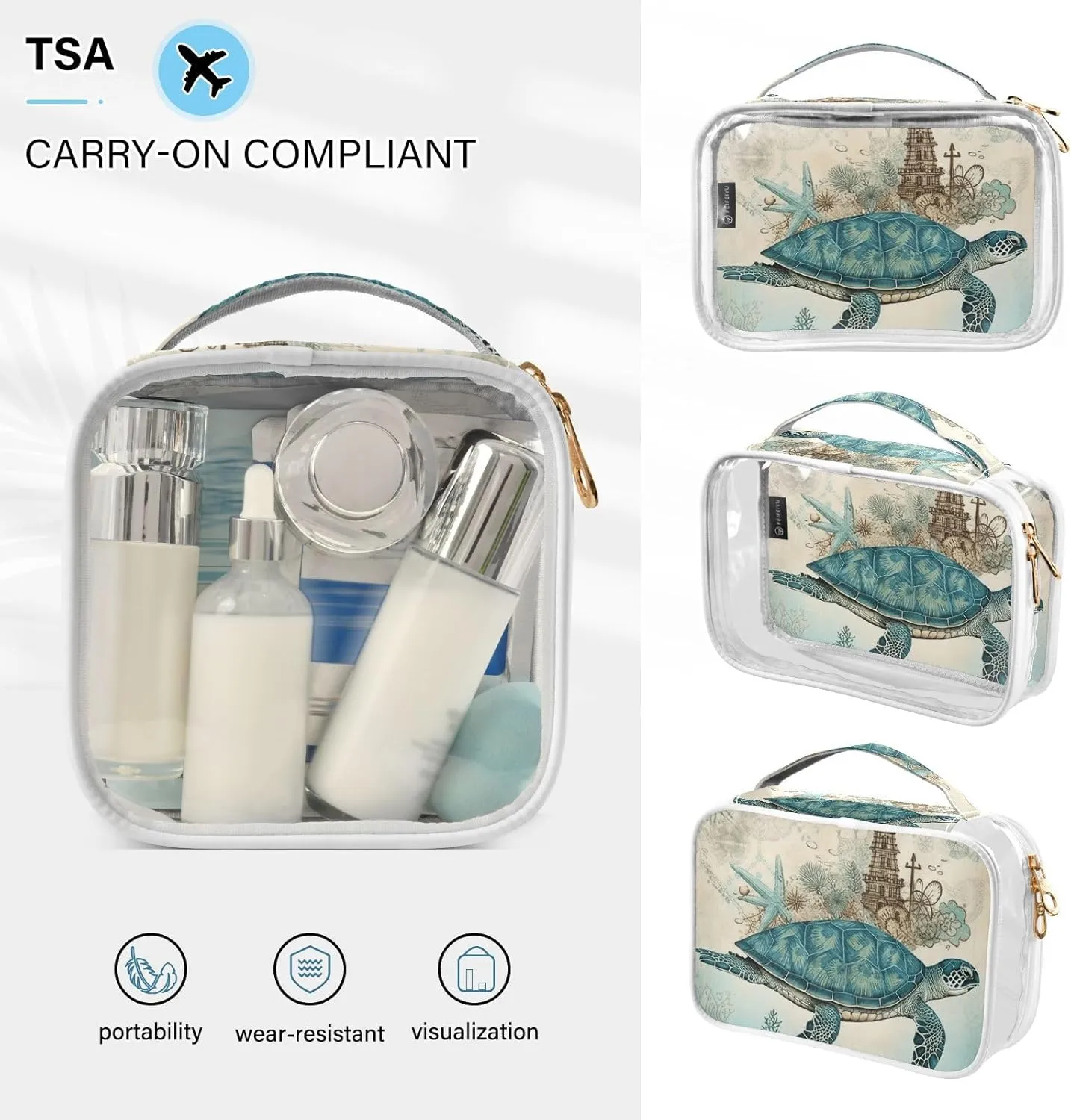 GAIGEO Vintage Texture Marine Turtle Plank 2 Pack Travel Transparent Bag, Clear Toiletry Bag with Handle, Cosmetic Bags for Travel