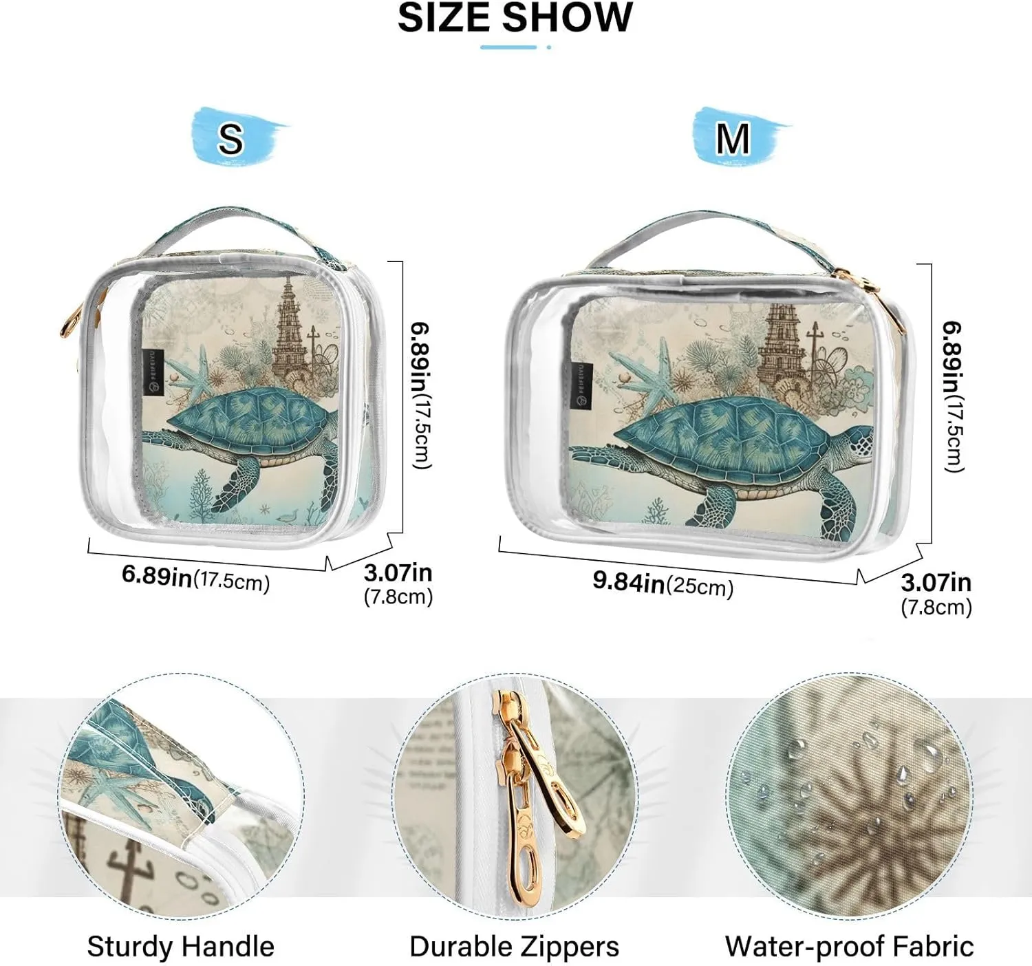 GAIGEO Vintage Texture Marine Turtle Plank 2 Pack Travel Transparent Bag, Clear Toiletry Bag with Handle, Cosmetic Bags for Travel