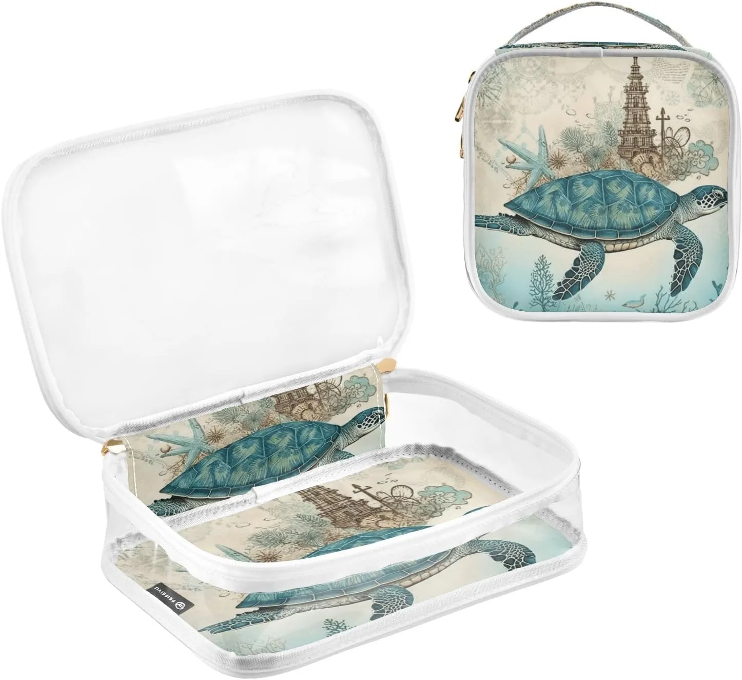 GAIGEO Vintage Texture Marine Turtle Plank 2 Pack Travel Transparent Bag, Clear Toiletry Bag with Handle, Cosmetic Bags for Travel