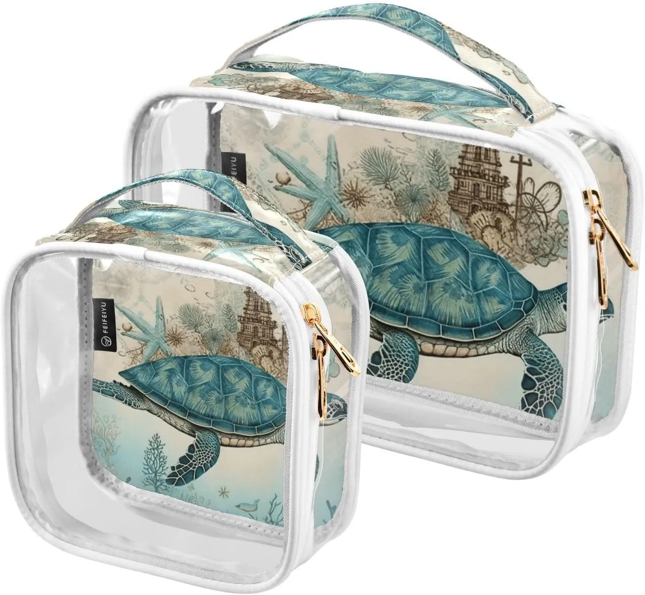 GAIGEO Vintage Texture Marine Turtle Plank 2 Pack Travel Transparent Bag, Clear Toiletry Bag with Handle, Cosmetic Bags for Travel