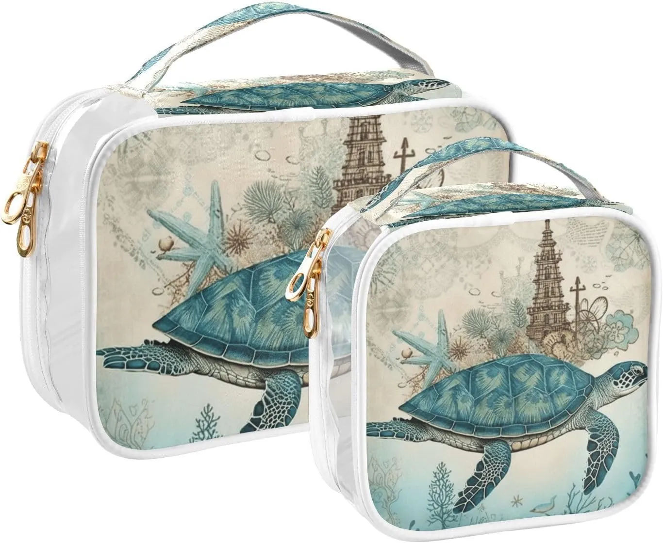 GAIGEO Vintage Texture Marine Turtle Plank 2 Pack Travel Transparent Bag, Clear Toiletry Bag with Handle, Cosmetic Bags for Travel