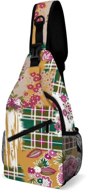 Geometric Ethnic Flowers Sling Bag Crossbody for Women Men Lightweight Adjustable Extender Strap Embroidery Shoulder Backpack with Water Bottle Holder Casual Daypack for Hiking Travel