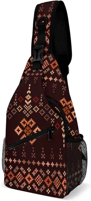 Geometric Ethnic Pattern Sling Bag Crossbody for Women Men Lightweight Adjustable Extender Strap Cross Stitch Shoulder Backpack with Water Bottle Holder Casual Daypack for Hiking Travel