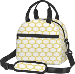 Geometric Pattern,Lunch Box for Women,Hexagonal Pattern Honeycomb Design,Insulated Lunch Bag Women with Adjustable Shoulder Strap,Cute Lunch Tote Bag for Work,Picnic,Camping,Yellow White