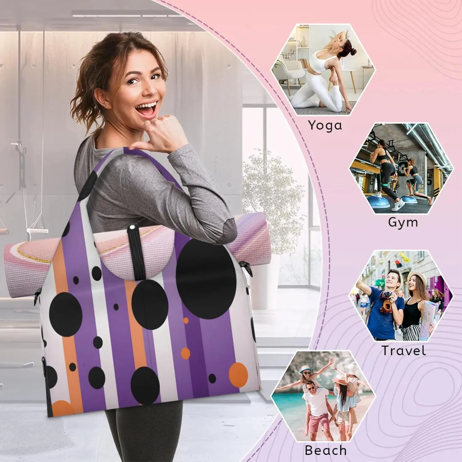 Geometric Stripe Fusion Waterproof Gym Bag for Men Women, Sports Duffel Bag with Shoe Compartment Yoga Mat Holder, Portable Large Travel Bag for Fitness, Camping, Weekend Trips
