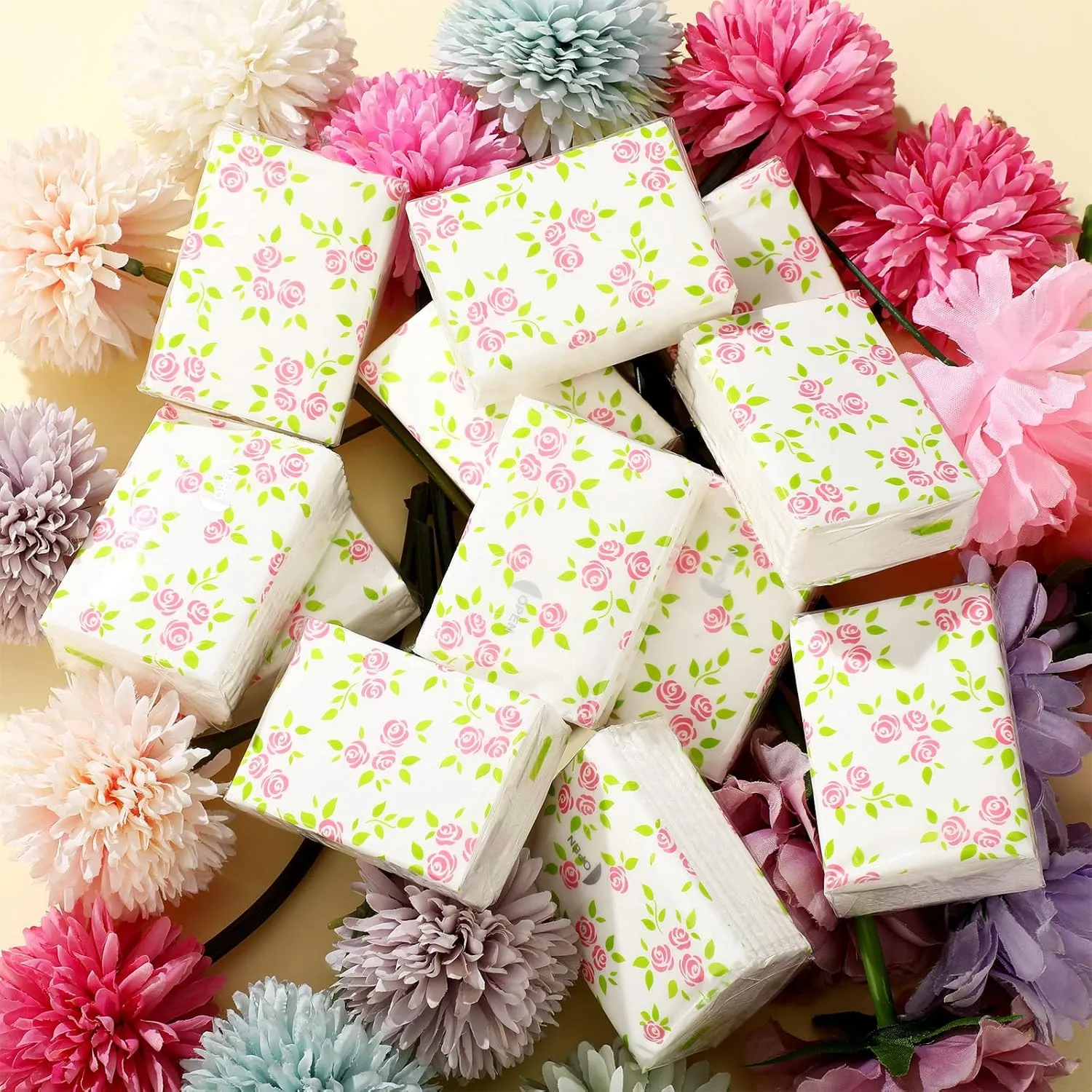 Geyee 100 Pcs Floral Travel Tissue Packs Small Personal Facial Pocket Tissues 3 Ply Cute Flower Individual Packs for Wedding Party Favors