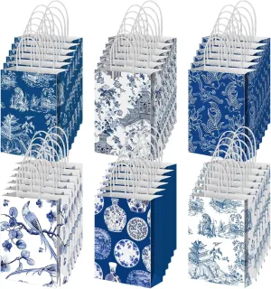 Geyoga 24 Pcs Floral Gift Bags 8.27'' x 5.91 x 3.15'' Valentines Chinoiserie Flower Bags Blue and White Floral Gift China Element Paper Bag with Handle Bulk Party Favor for Wedding Bridal Supply