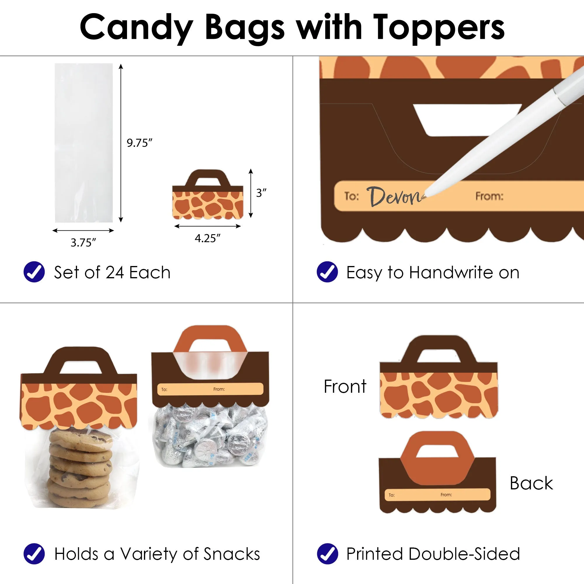 Giraffe Print - DIY Safari Party Clear Goodie Favor Bag Labels - Candy Bags with Toppers - Set of 24