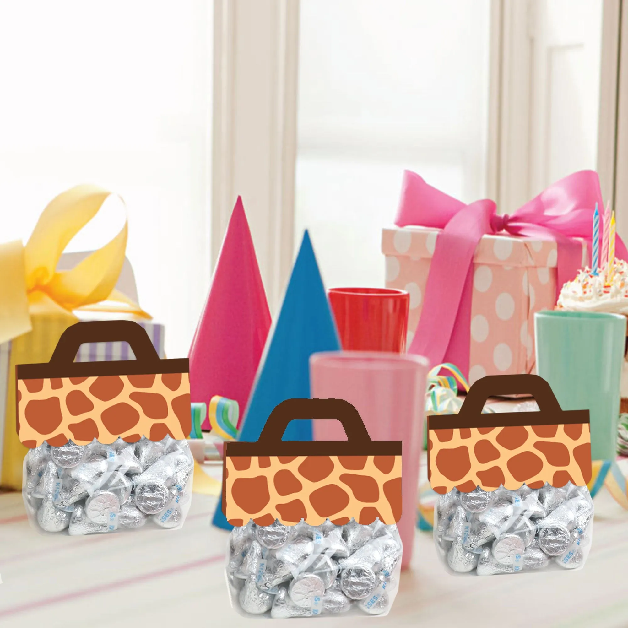 Giraffe Print - DIY Safari Party Clear Goodie Favor Bag Labels - Candy Bags with Toppers - Set of 24