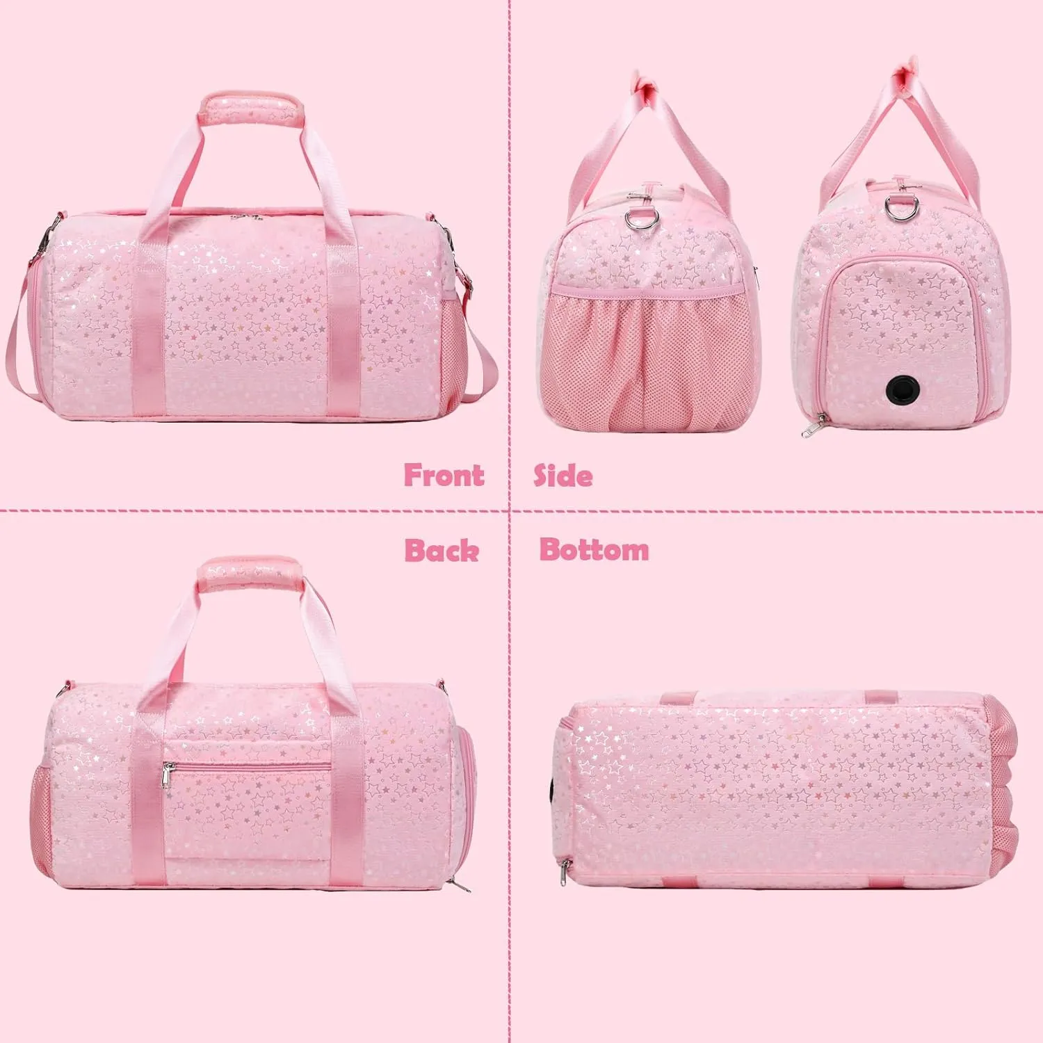 Girls Duffle Bag, Pink Dance Duffle Bag with Wet & Shoe Compartments for Girls, Soft Plush Ballet Sport Travel Gym Bag Overnight Sleepover Bags for Girls