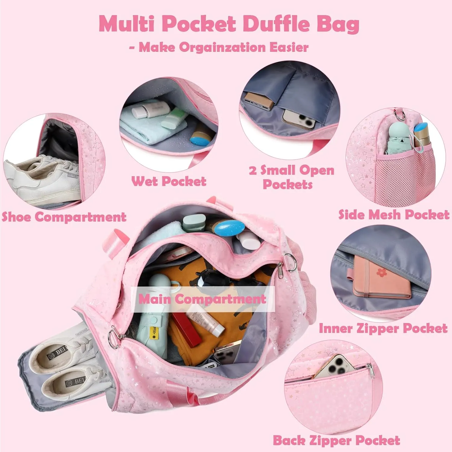 Girls Duffle Bag, Pink Dance Duffle Bag with Wet & Shoe Compartments for Girls, Soft Plush Ballet Sport Travel Gym Bag Overnight Sleepover Bags for Girls