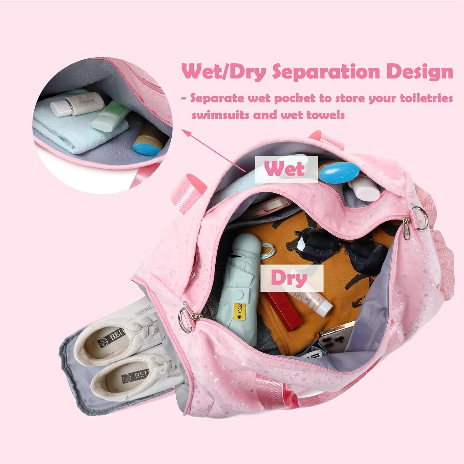 Girls Duffle Bag, Pink Dance Duffle Bag with Wet & Shoe Compartments for Girls, Soft Plush Ballet Sport Travel Gym Bag Overnight Sleepover Bags for Girls