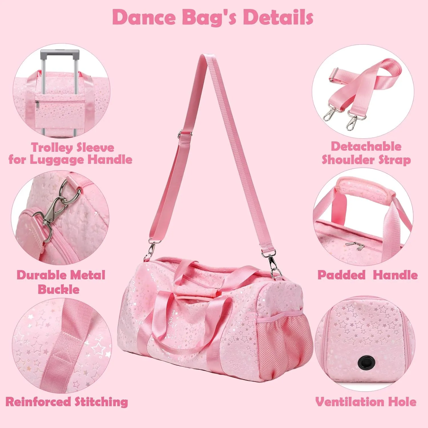 Girls Duffle Bag, Pink Dance Duffle Bag with Wet & Shoe Compartments for Girls, Soft Plush Ballet Sport Travel Gym Bag Overnight Sleepover Bags for Girls