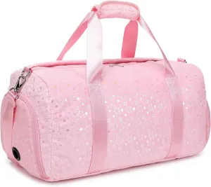 Girls Duffle Bag, Pink Dance Duffle Bag with Wet & Shoe Compartments for Girls, Soft Plush Ballet Sport Travel Gym Bag Overnight Sleepover Bags for Girls