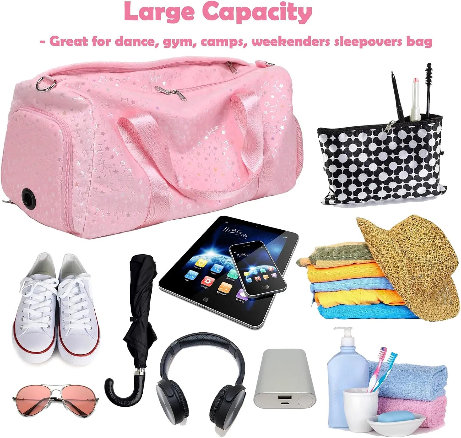 Girls Duffle Bag, Pink Dance Duffle Bag with Wet & Shoe Compartments for Girls, Soft Plush Ballet Sport Travel Gym Bag Overnight Sleepover Bags for Girls