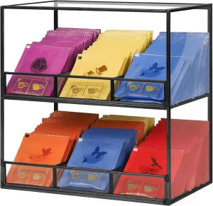 Glass Tea Bag Organizer for Counter, 2-Tier Teabag Organizer Storage Holder for Tea Bags, Glass Caddy Box Containers, Rack Teabag Station Stand for Cabinet Kitchen, 2-Tier, Black