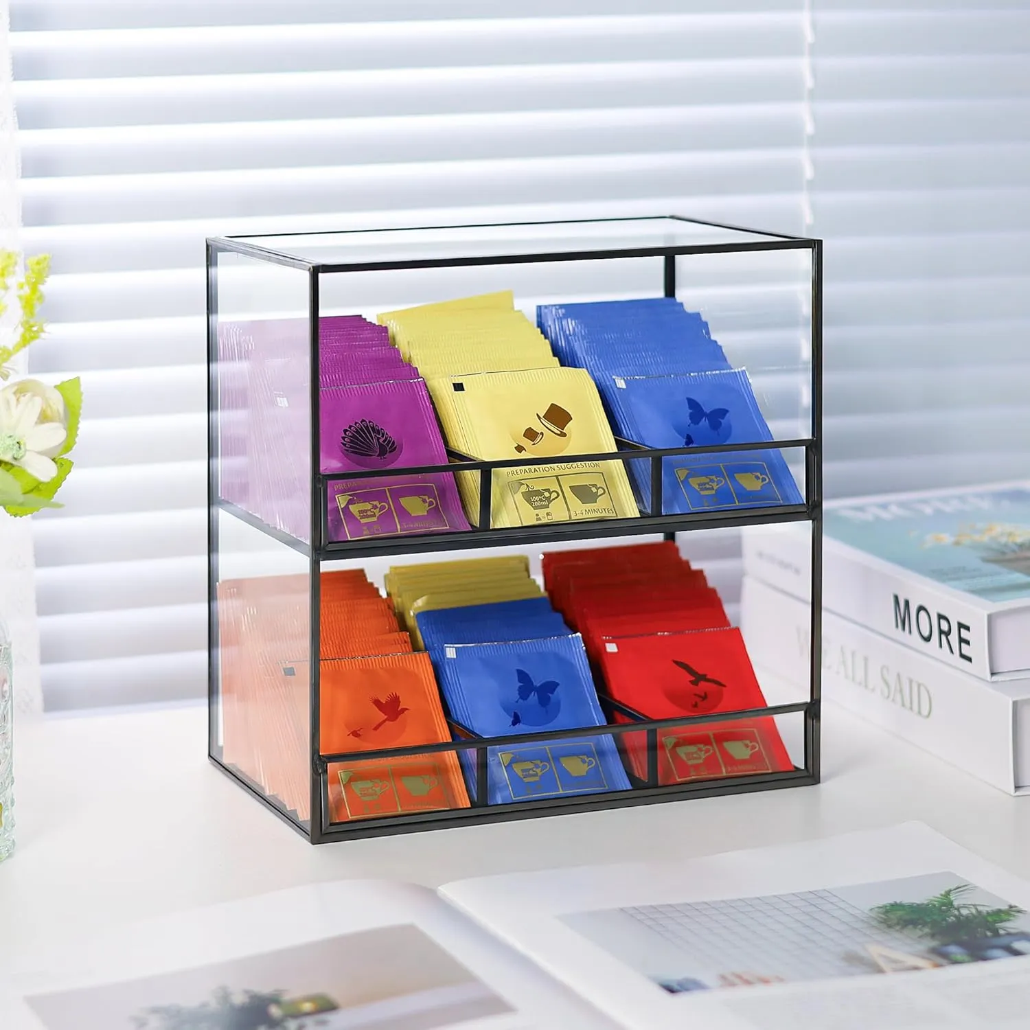 Glass Tea Bag Organizer for Counter, 2-Tier Teabag Organizer Storage Holder for Tea Bags, Glass Caddy Box Containers, Rack Teabag Station Stand for Cabinet Kitchen, 2-Tier, Black