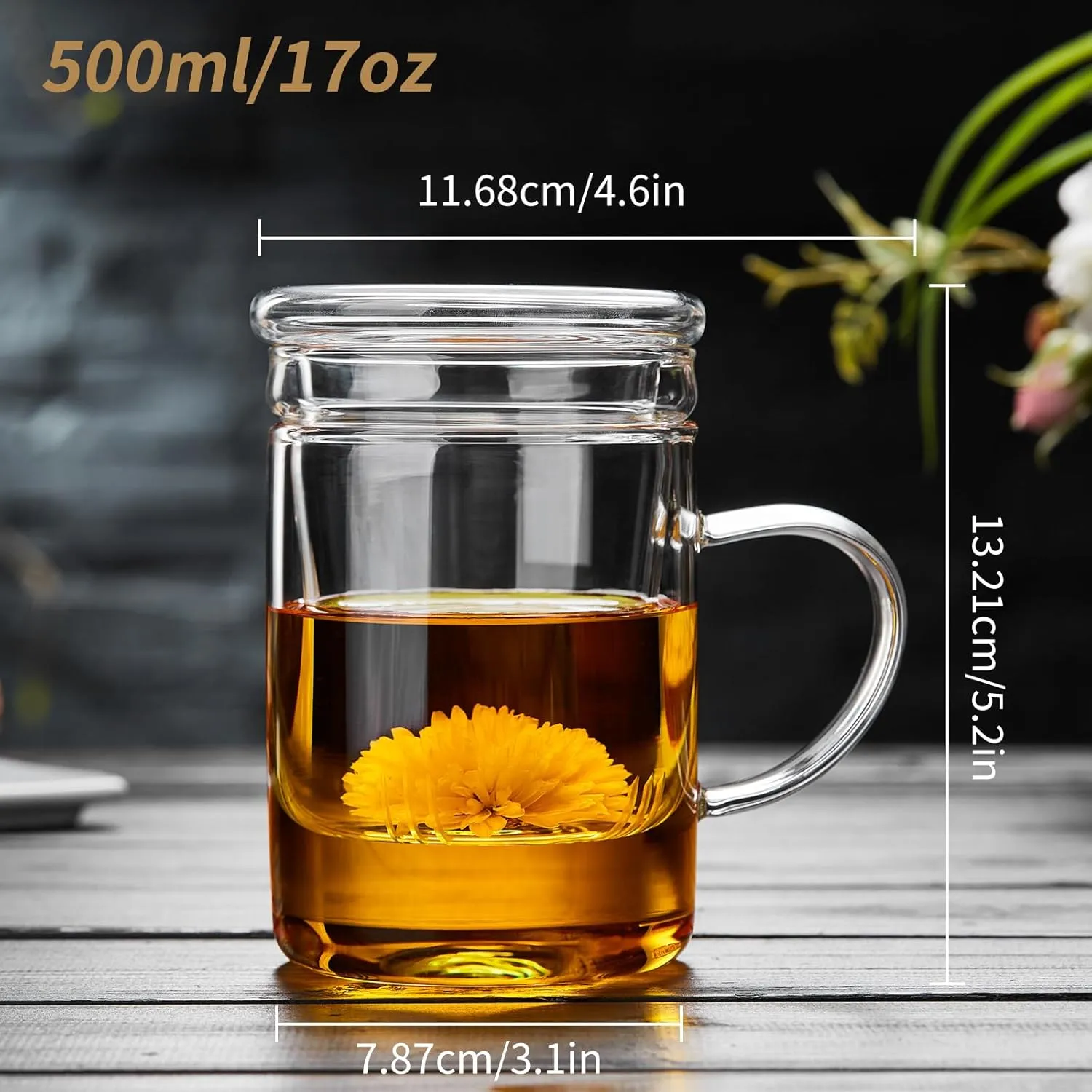 Glass Tea Cup with Infuser and Lid, 17.6oz/520ml Large Borosilicate Teacup, Clear Mug for Loose Leaf Tea, Blooming Tea, Tea Bags - Perfect Christmas or Birthday Gift for Women
