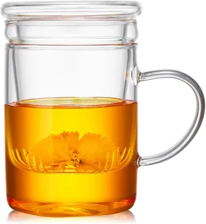 Glass Tea Cup with Infuser and Lid, 17.6oz/520ml Large Borosilicate Teacup, Clear Mug for Loose Leaf Tea, Blooming Tea, Tea Bags - Perfect Christmas or Birthday Gift for Women