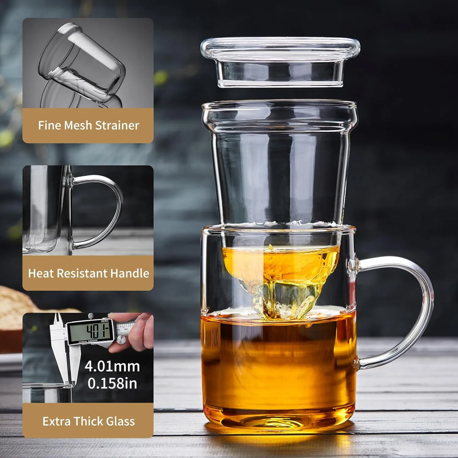 Glass Tea Cup with Infuser and Lid, 17.6oz/520ml Large Borosilicate Teacup, Clear Mug for Loose Leaf Tea, Blooming Tea, Tea Bags - Perfect Christmas or Birthday Gift for Women