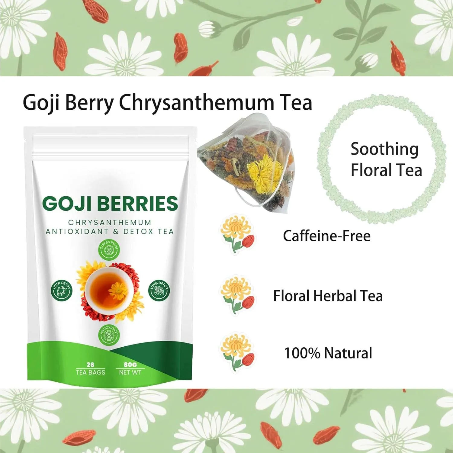 Goji Berry Chrysanthemum Tea Bags, Natural Herbal Tea, Caffeine-Free, Individually Wrapped, Refreshing Floral Tea for Daily Enjoyment & Relaxation, (26 teabags)