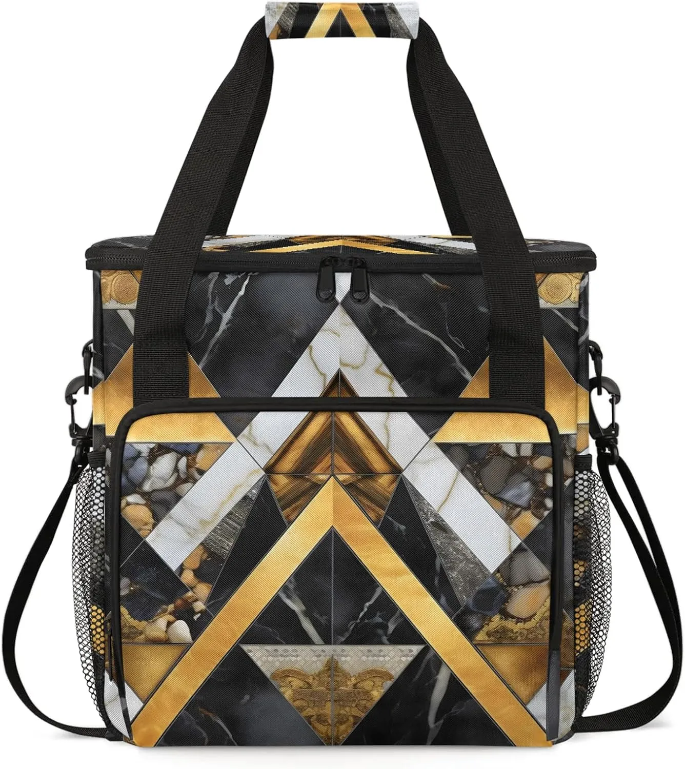 Gold Black Marble Geometric Coffee Maker Carring Bag, Large Insulated Storage Organizer Case Tote Bags with Shoulder Strap for Travel Work Picnic
