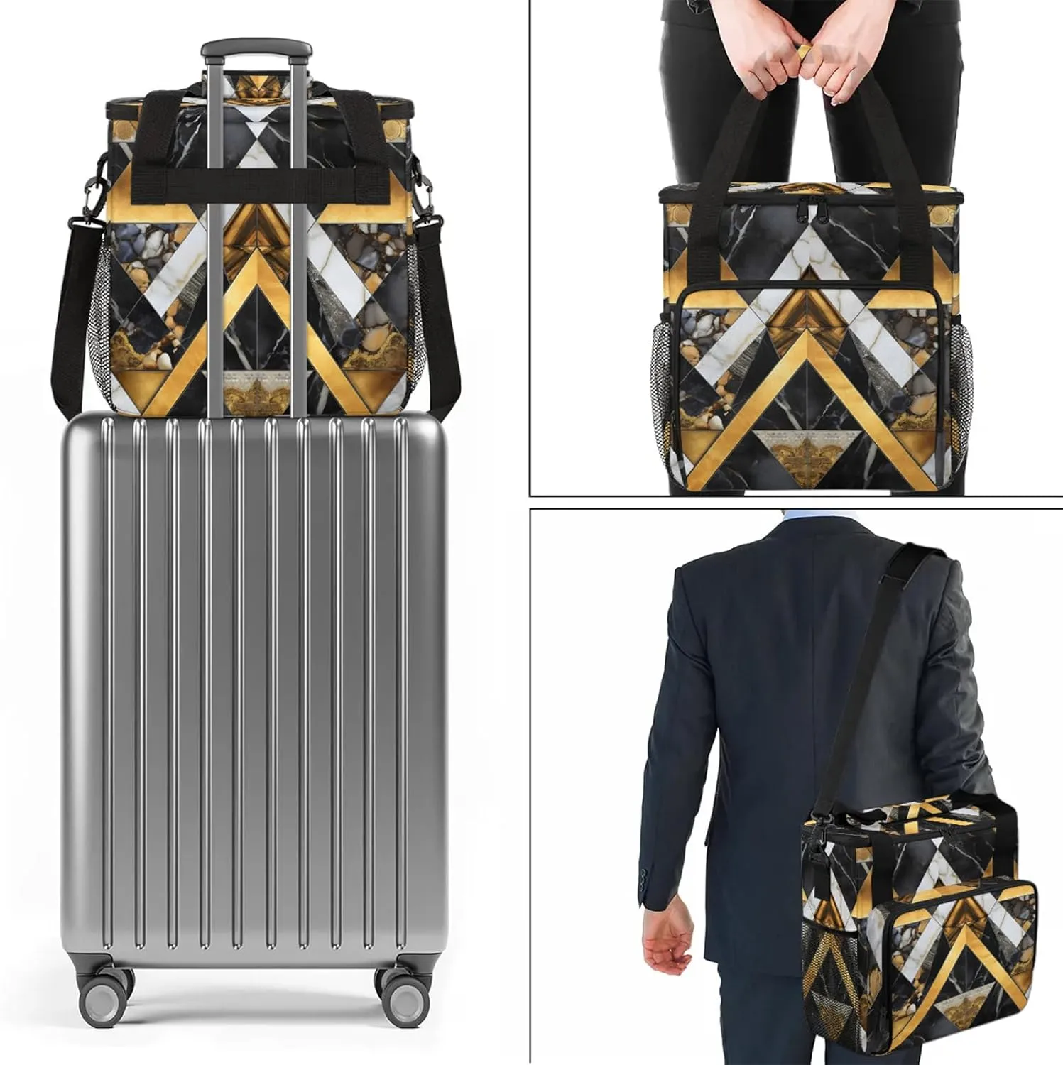 Gold Black Marble Geometric Coffee Maker Carring Bag, Large Insulated Storage Organizer Case Tote Bags with Shoulder Strap for Travel Work Picnic