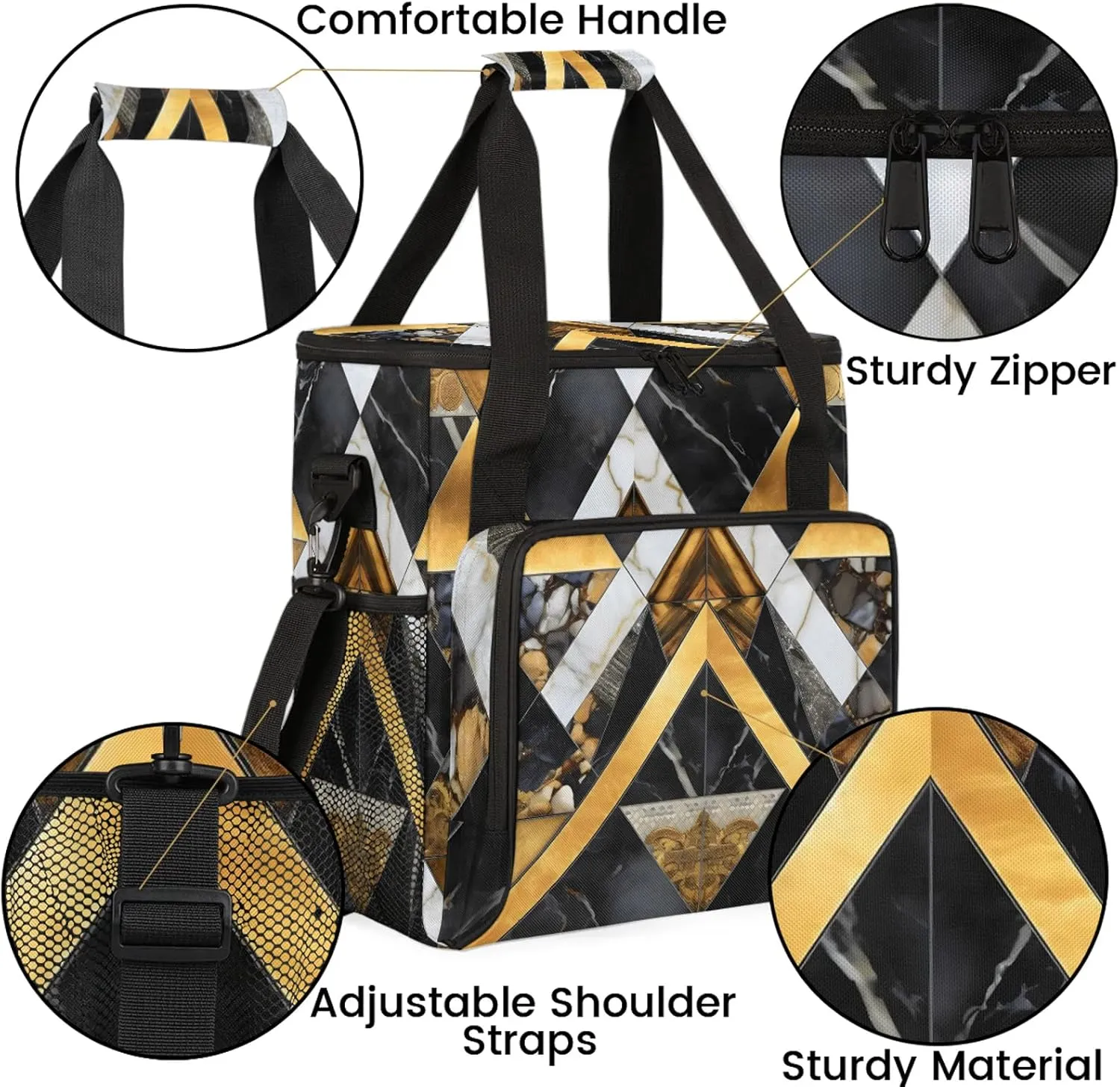 Gold Black Marble Geometric Coffee Maker Carring Bag, Large Insulated Storage Organizer Case Tote Bags with Shoulder Strap for Travel Work Picnic