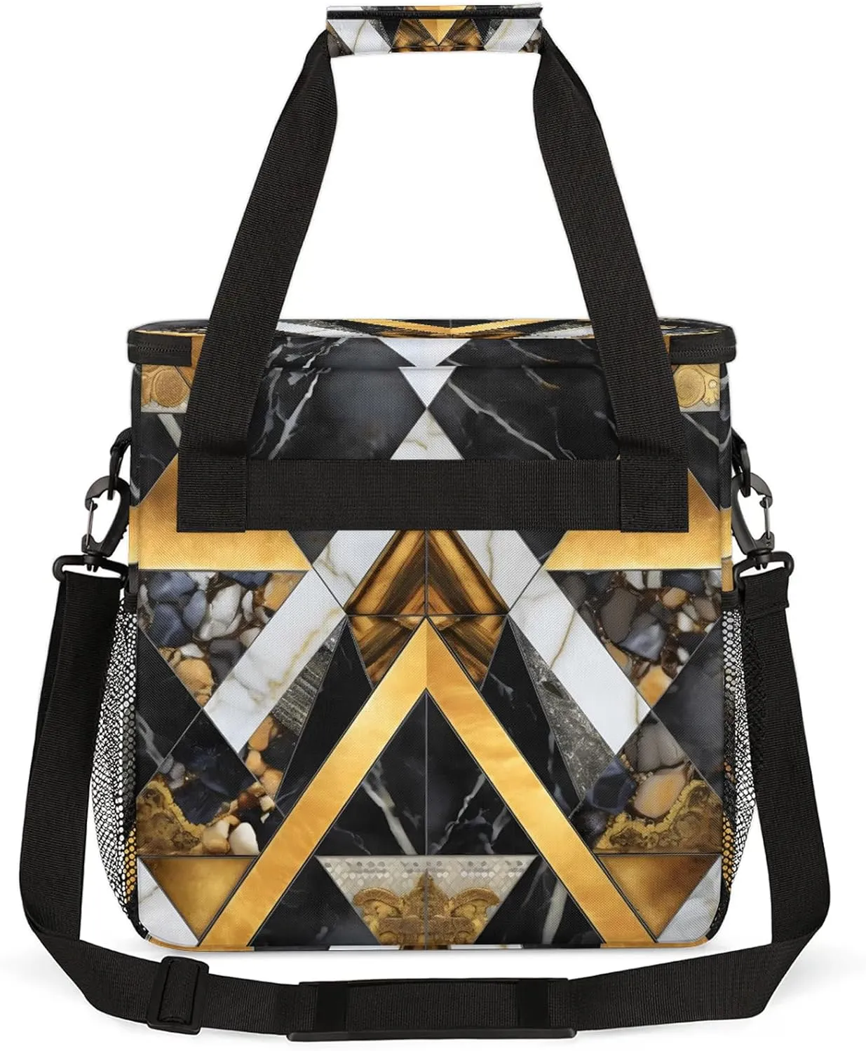 Gold Black Marble Geometric Coffee Maker Carring Bag, Large Insulated Storage Organizer Case Tote Bags with Shoulder Strap for Travel Work Picnic