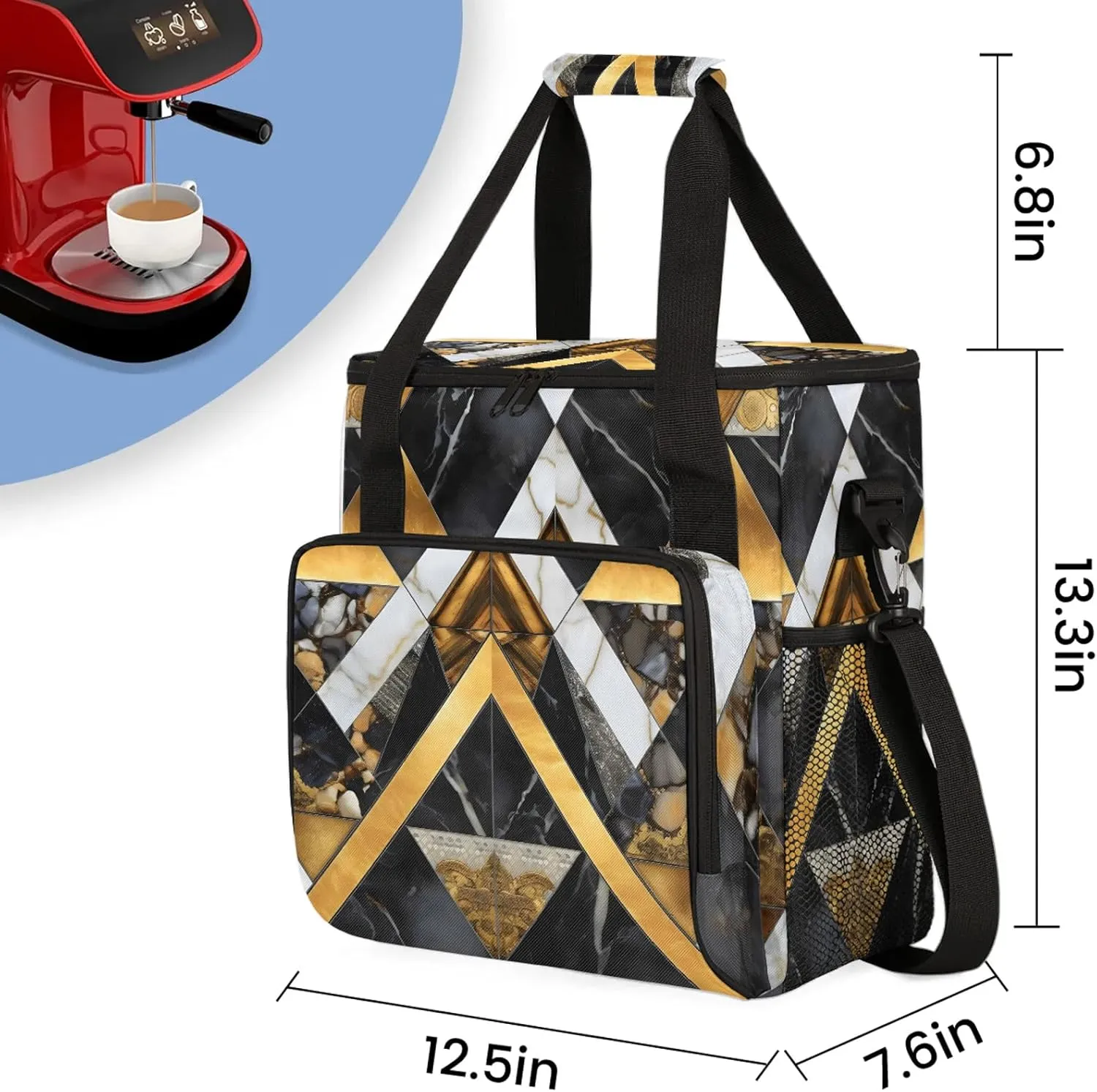 Gold Black Marble Geometric Coffee Maker Carring Bag, Large Insulated Storage Organizer Case Tote Bags with Shoulder Strap for Travel Work Picnic
