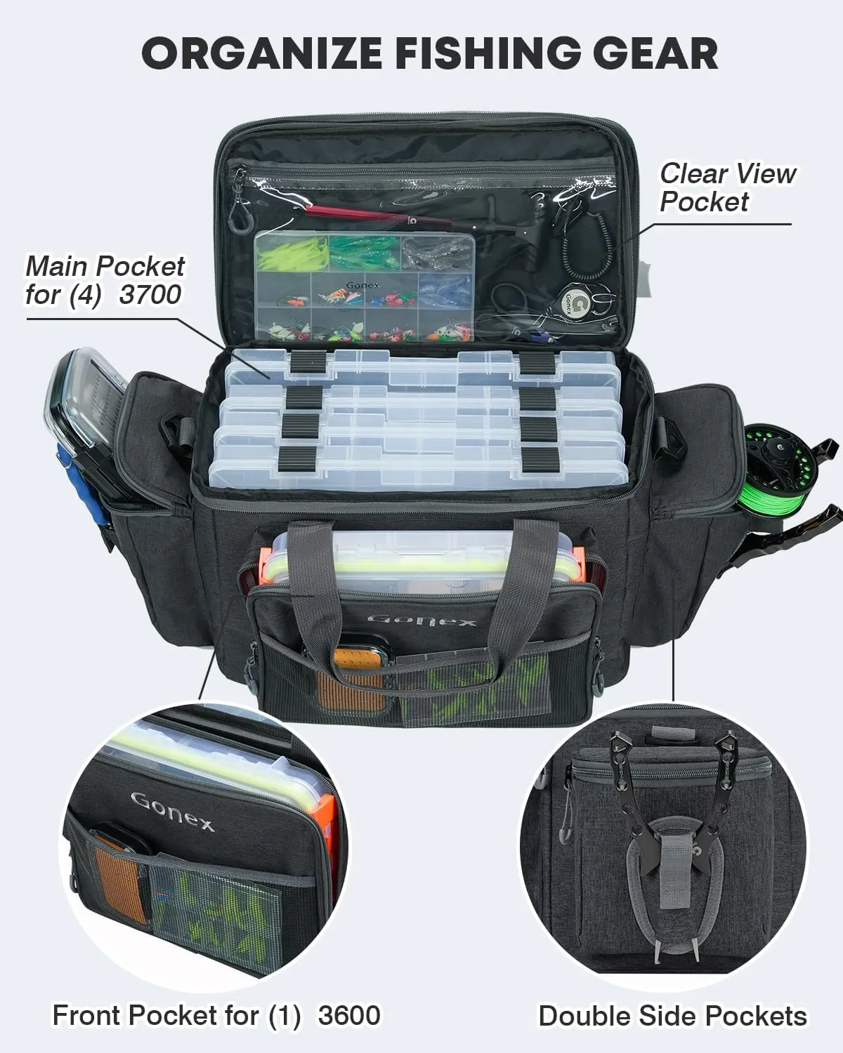 Gonex Fishing Tackle Bags for Saltwater & Freshwater, Fishing Gear Storage Bag with Water Resistant Bottom Suitable for 3600 3700 Size Tackle Box (Black)