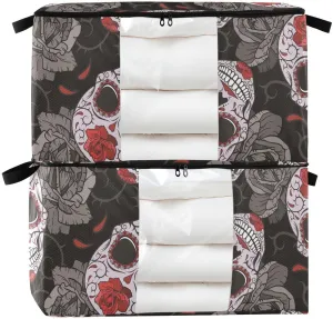 Gothic Skulls Roses and Thorns Clothes Storage, Foldable Blanket Storage Bags, 60L Storage Containers for Organizing Bedroom, Closet, Clothing, Comforter, Organization and Storage with Lids and Handle