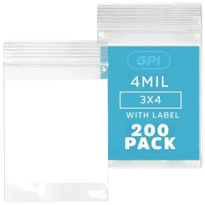 GPI - 3" X 4" - Bulk Pack of 200, 4 Mil Thick, Heavy Duty, Clear Plastic Reclosable Zip Bags, with Write-on White Block for Labeling, Strong & Durable Poly Baggies with Resealable Zipper Top Lock.