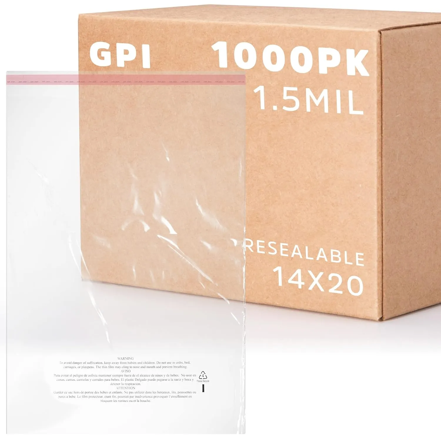 GPI - Case 1000 14" X 20" Clear Self Seal Poly Bags, 1.5 Mil - Resealable Poly bags wWith Adhesive Strip & Suffocation Warning for Packaging T Shirts Clothing, Shipping Supplies with FBA
