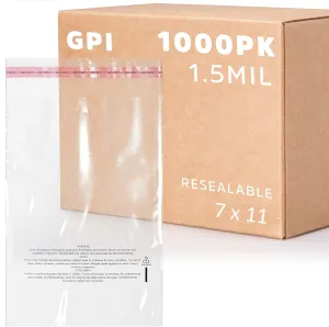 GPI - Case of 1000, 7"X 11" Clear Self Seal Poly Bags, 1.5 Mil - Peel & Seal Resealable Polybags with Adhesive Strip & Suffocation Warning for Packaging & Shipping T Shirts & Clothing.