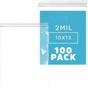GPI Pack Of 100 10" x 13" CLEAR PLASTIC RECLOSABLE ZIP BAGS - 2 mil Poly Baggies With Resealable Zip Top Lock For Fabrics, Clothing, Documents, Food, Household & Office supplies.