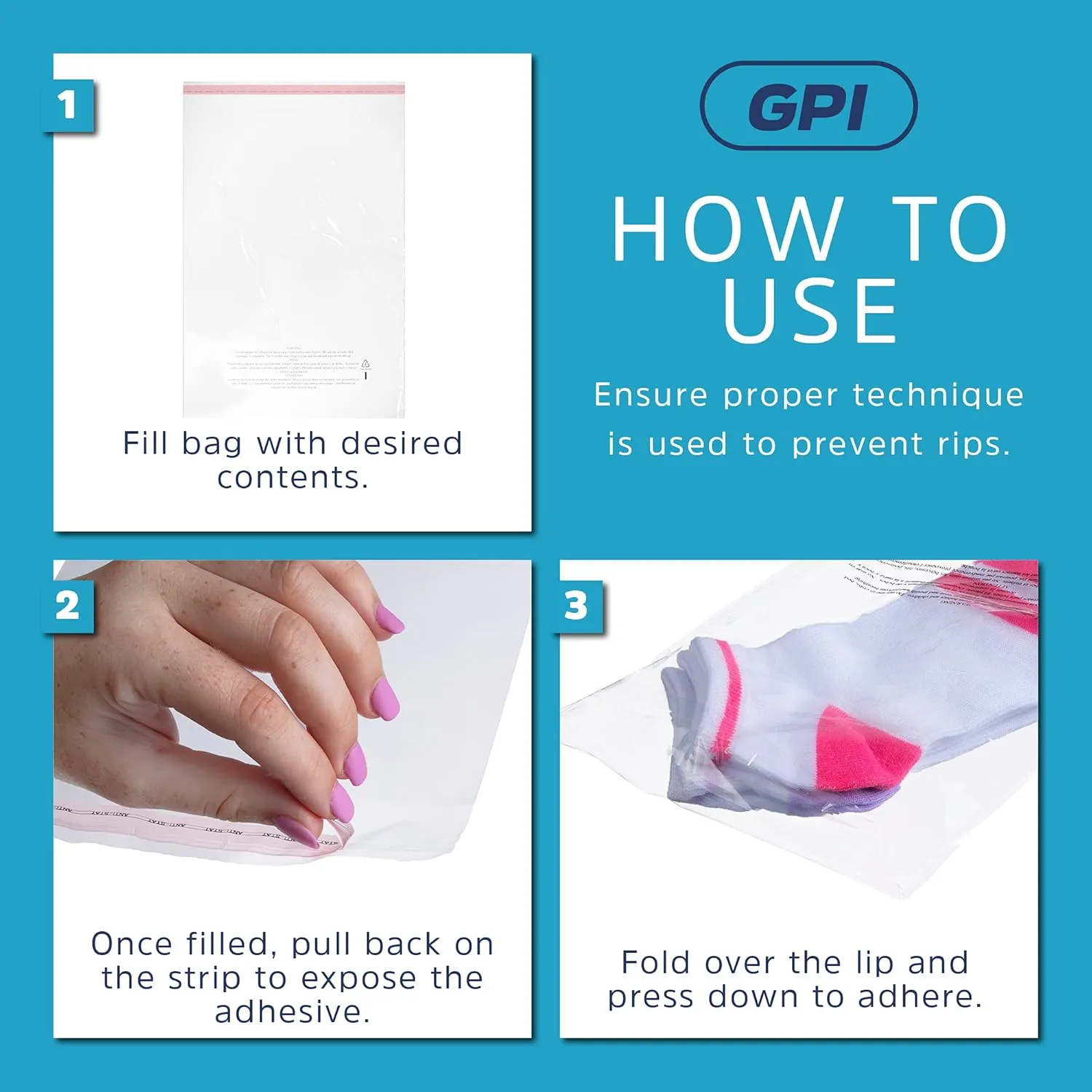 GPI - Pack of 200 7" X 11" Clear Self Seal Poly Bags, 1.5 Mil - Peel & Seal Resealable Polybags with Adhesive Strip & Suffocation Warning for Packaging & Shipping T Shirts & Clothing.