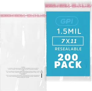 GPI - Pack of 200 7" X 11" Clear Self Seal Poly Bags, 1.5 Mil - Peel & Seal Resealable Polybags with Adhesive Strip & Suffocation Warning for Packaging & Shipping T Shirts & Clothing.