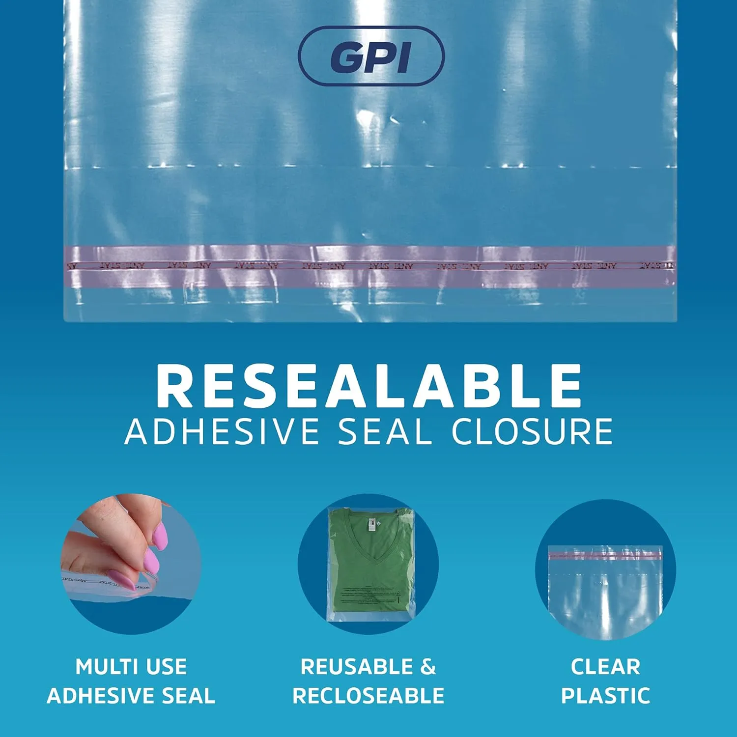 GPI - Pack of 200 7" X 11" Clear Self Seal Poly Bags, 1.5 Mil - Peel & Seal Resealable Polybags with Adhesive Strip & Suffocation Warning for Packaging & Shipping T Shirts & Clothing.