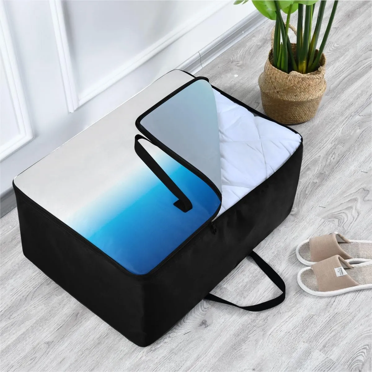 Gradient Blue White Storage Bags, 27.5x19.7x11 In, Garment Storage Organizer Travel Cargo Duffel Bags Zippered Storage Bag for Closet Comforter, Pillow, Quilt