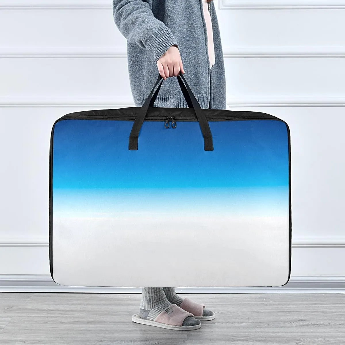 Gradient Blue White Storage Bags, 27.5x19.7x11 In, Garment Storage Organizer Travel Cargo Duffel Bags Zippered Storage Bag for Closet Comforter, Pillow, Quilt