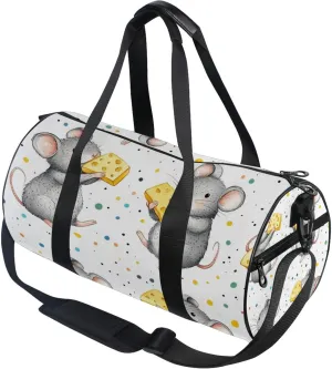 Gray Cartoon Mice Holding Yellow Cheese Gym Duffle Bag Women Men Sports Fitness Bag for Travel Workout Gymnastics Dance Ballet